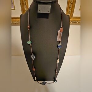 J.Jill Beautiful Necklace 32" long multicolor beads & stones on brown wax cord